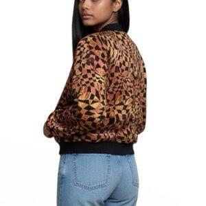 Vintage 80s Metallic womens Bomber Jacket Psychedelic Illusion Print Black Gold